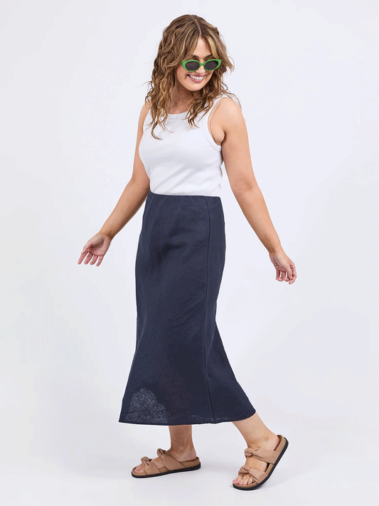 Eleni Linen Midi Skirt - NAVY