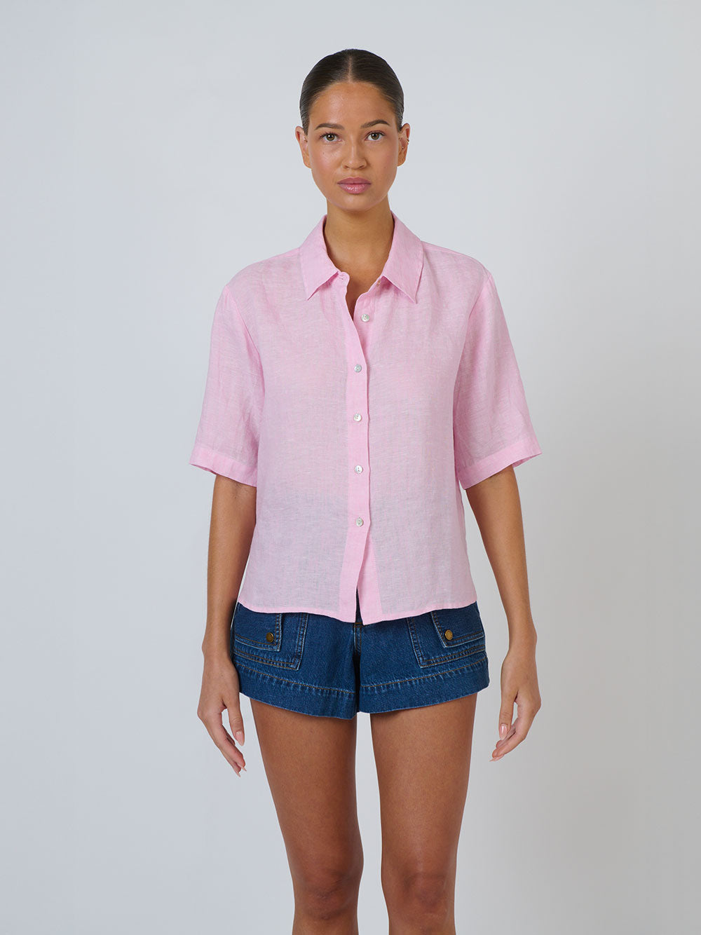 Linen Short Sleeve Shirt - BONBON PINK