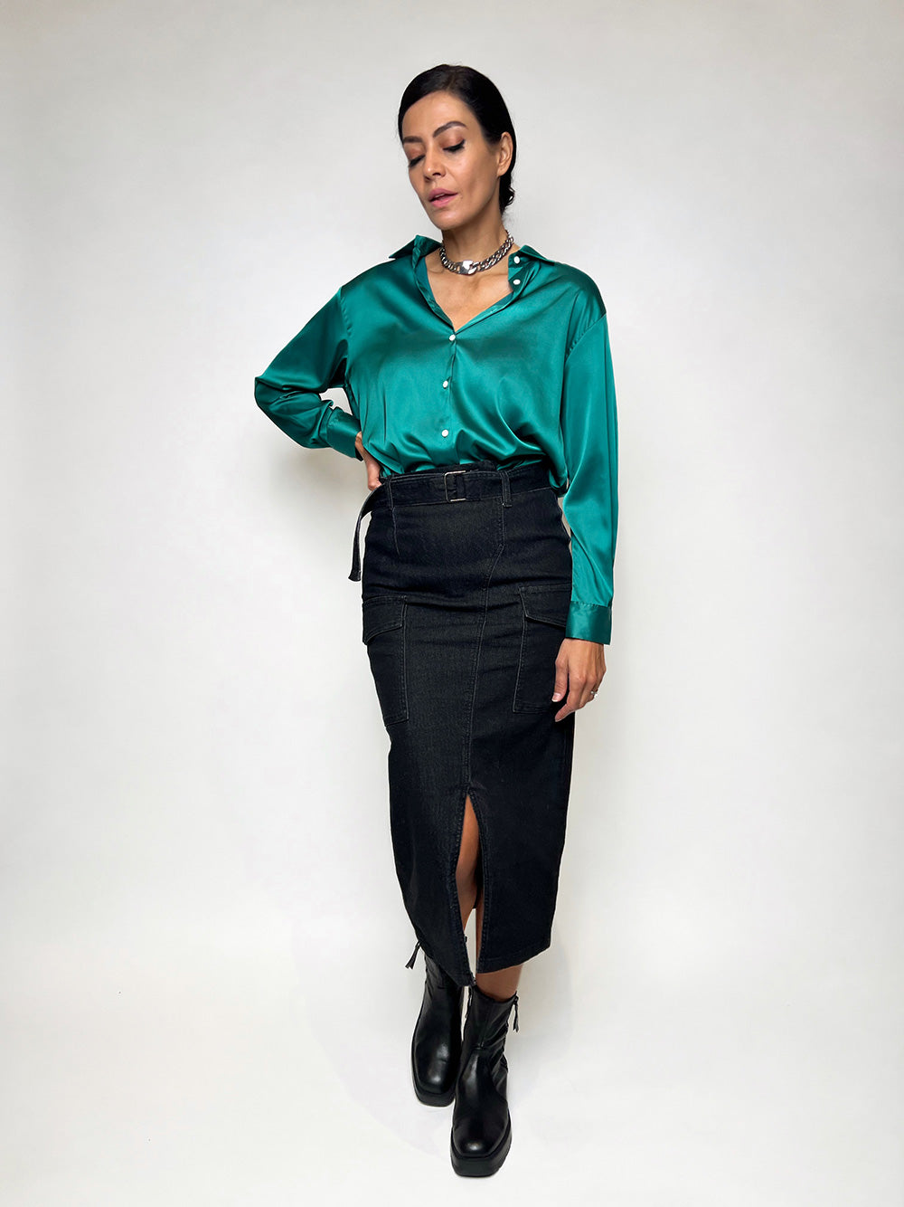 Santina Boyfriend Shirt - EMERALD