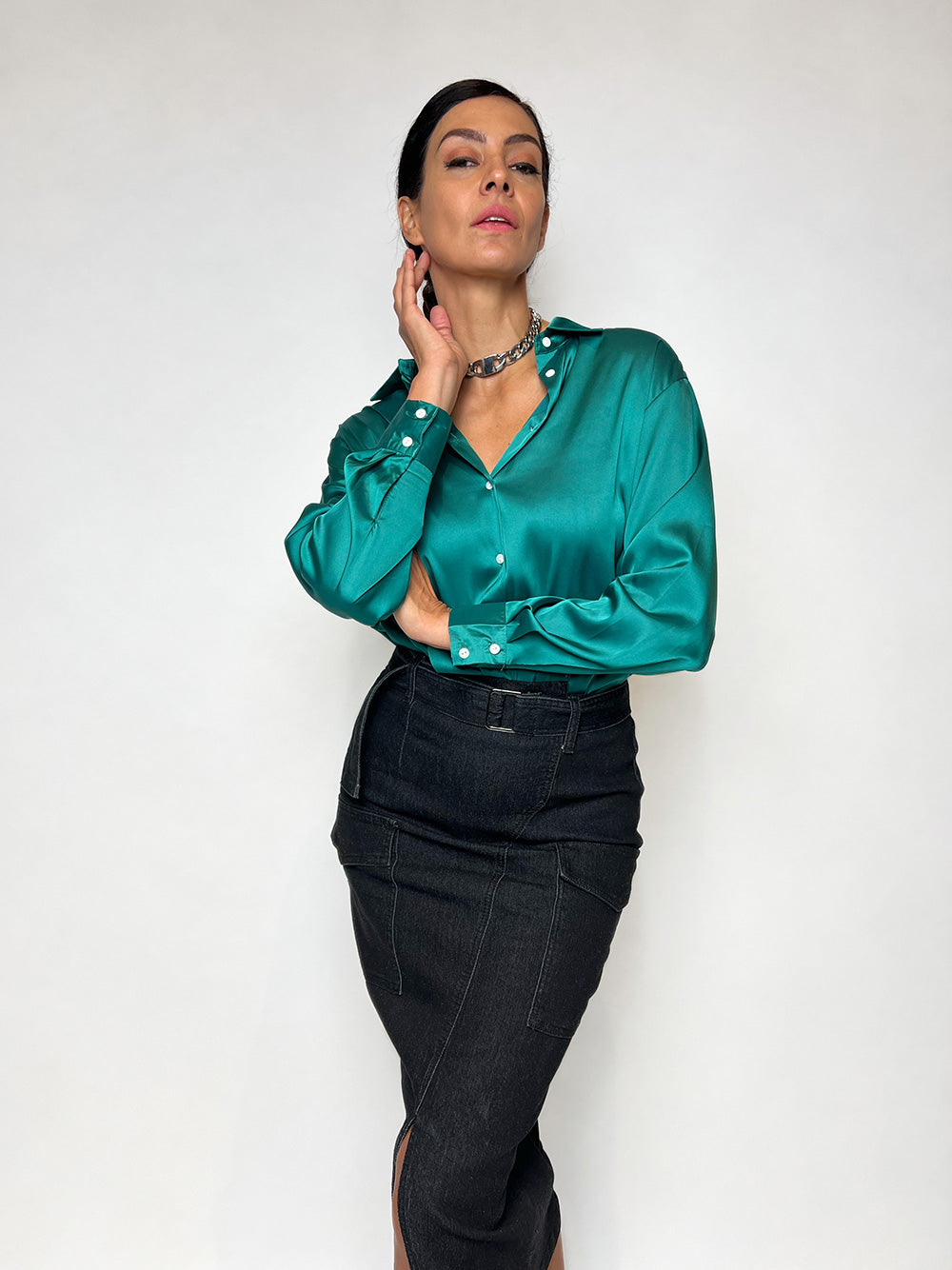 Santina Boyfriend Shirt - EMERALD