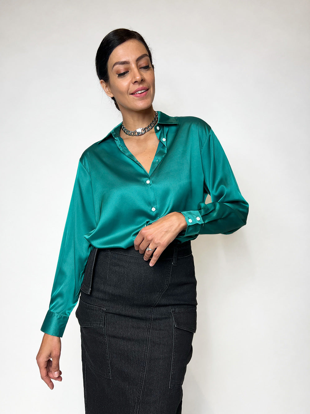 Santina Boyfriend Shirt - EMERALD
