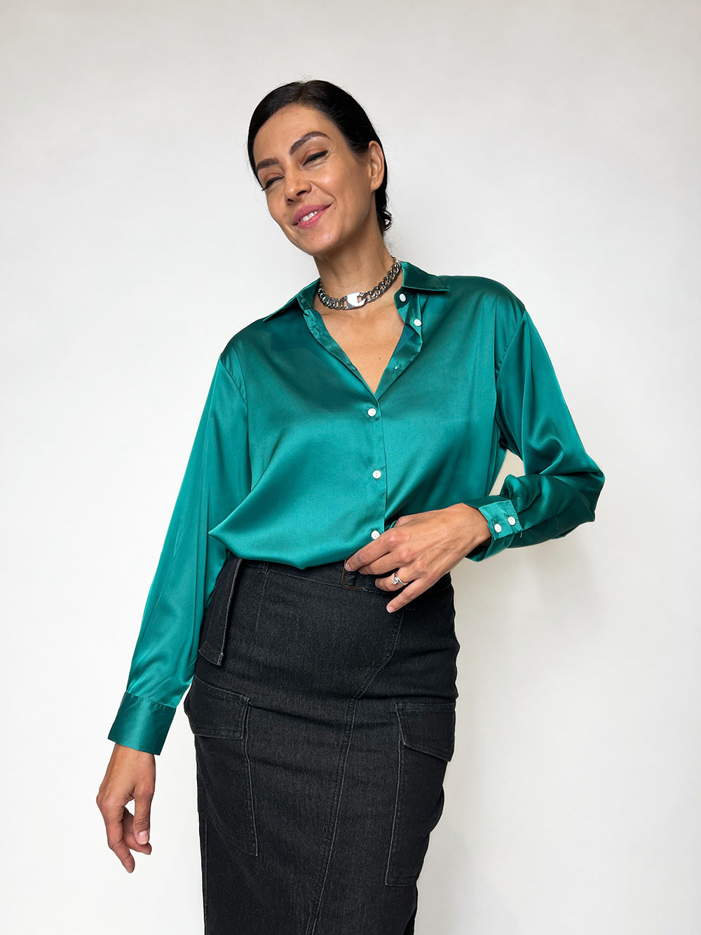 Santina Boyfriend Shirt - EMERALD