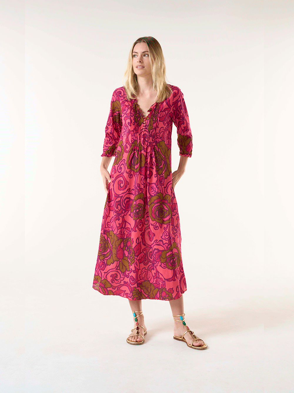 Long Poppy Cotton Dress - SAN SEBASTIAN HOT CORAL