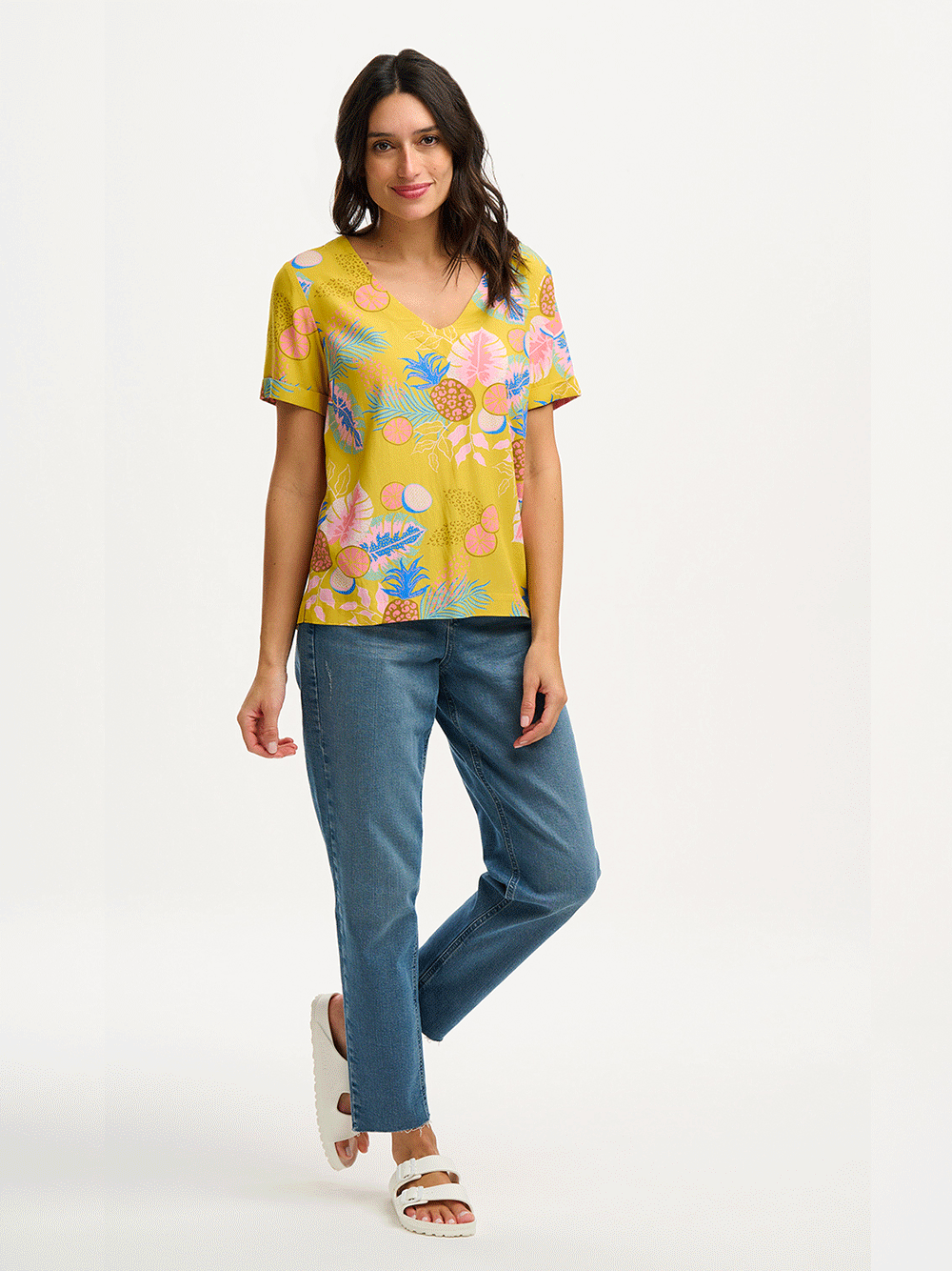 Rosalie Printed Top - YELLOW TROPICAL FRUITS
