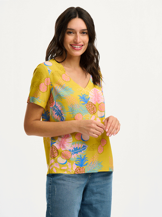 Rosalie Printed Top - YELLOW TROPICAL FRUITS