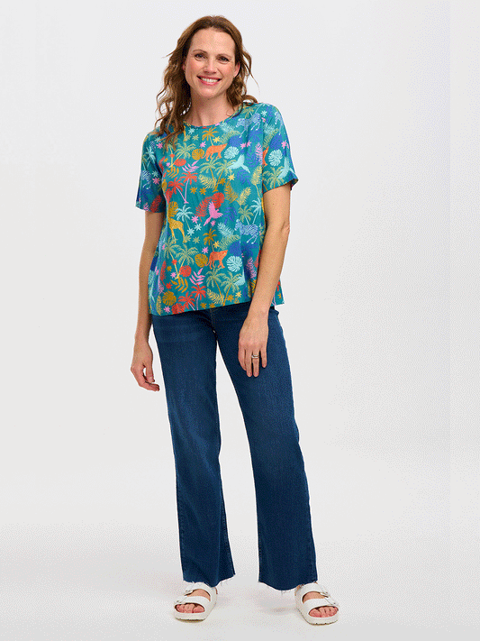 Beth Printed Top - TEAL RAINBOW JUNGLE