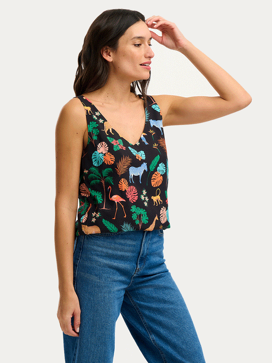 Romy Vest Top - BLACK TROPICAL SAFARI