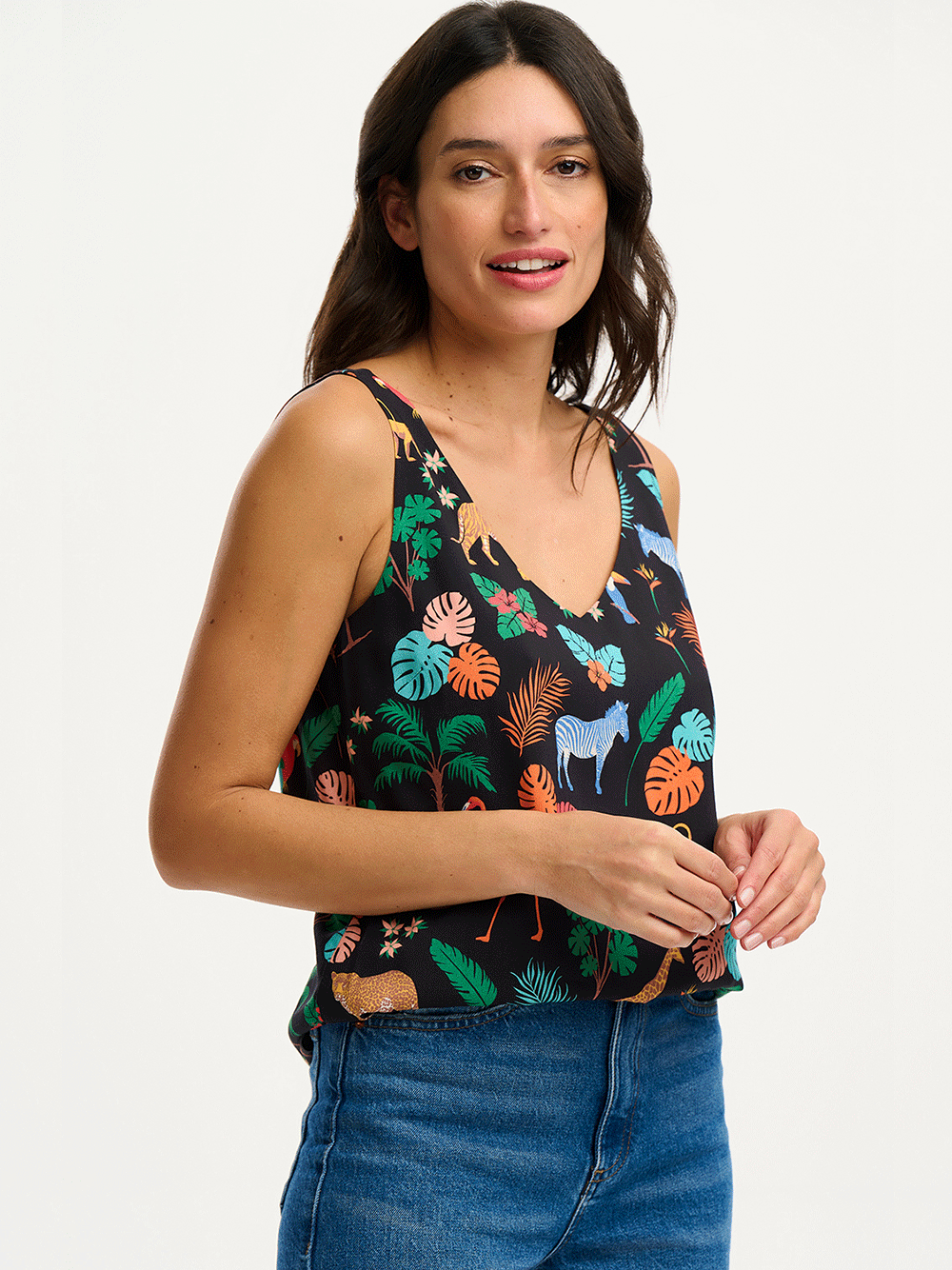 Romy Vest Top - BLACK TROPICAL SAFARI