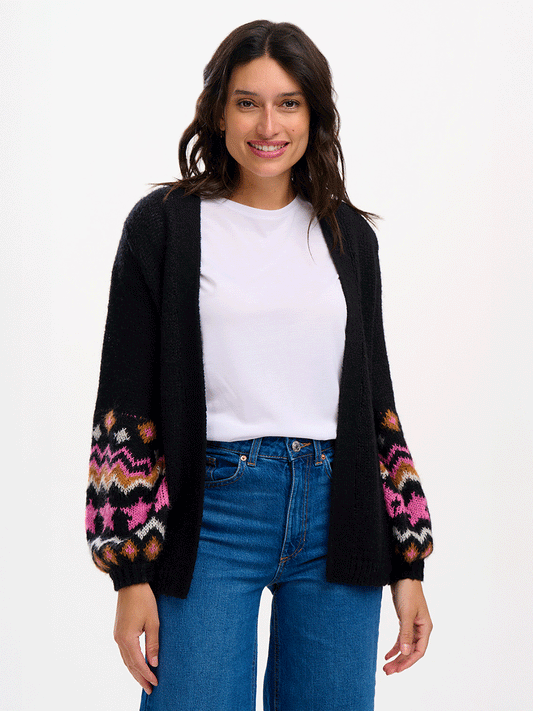 Yvette Cardigan - BLACK WITH FAIRISLE