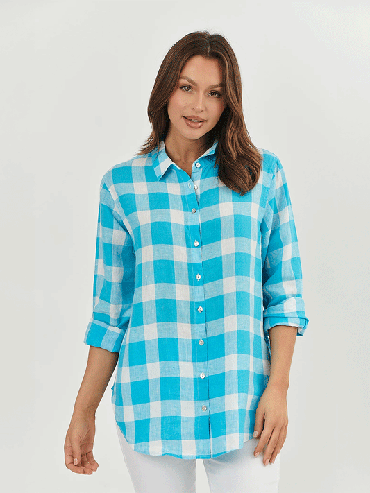 Linen Boyfriend Shirt - TURQUOISE PLAID