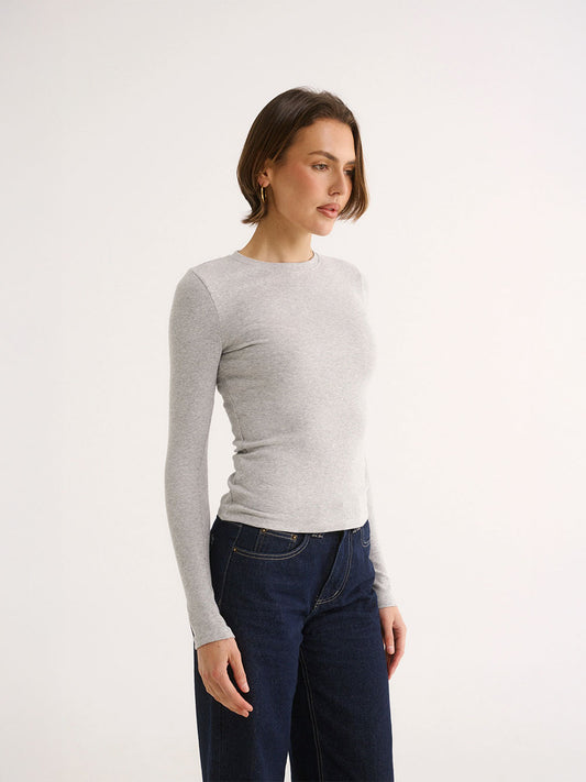 Carina Classic Long Sleeve Top - PEWTER MARLE