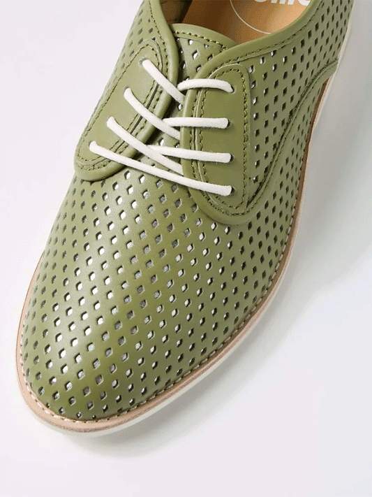 Derby Punch Overlay Shoes - OLIVE & SILVER