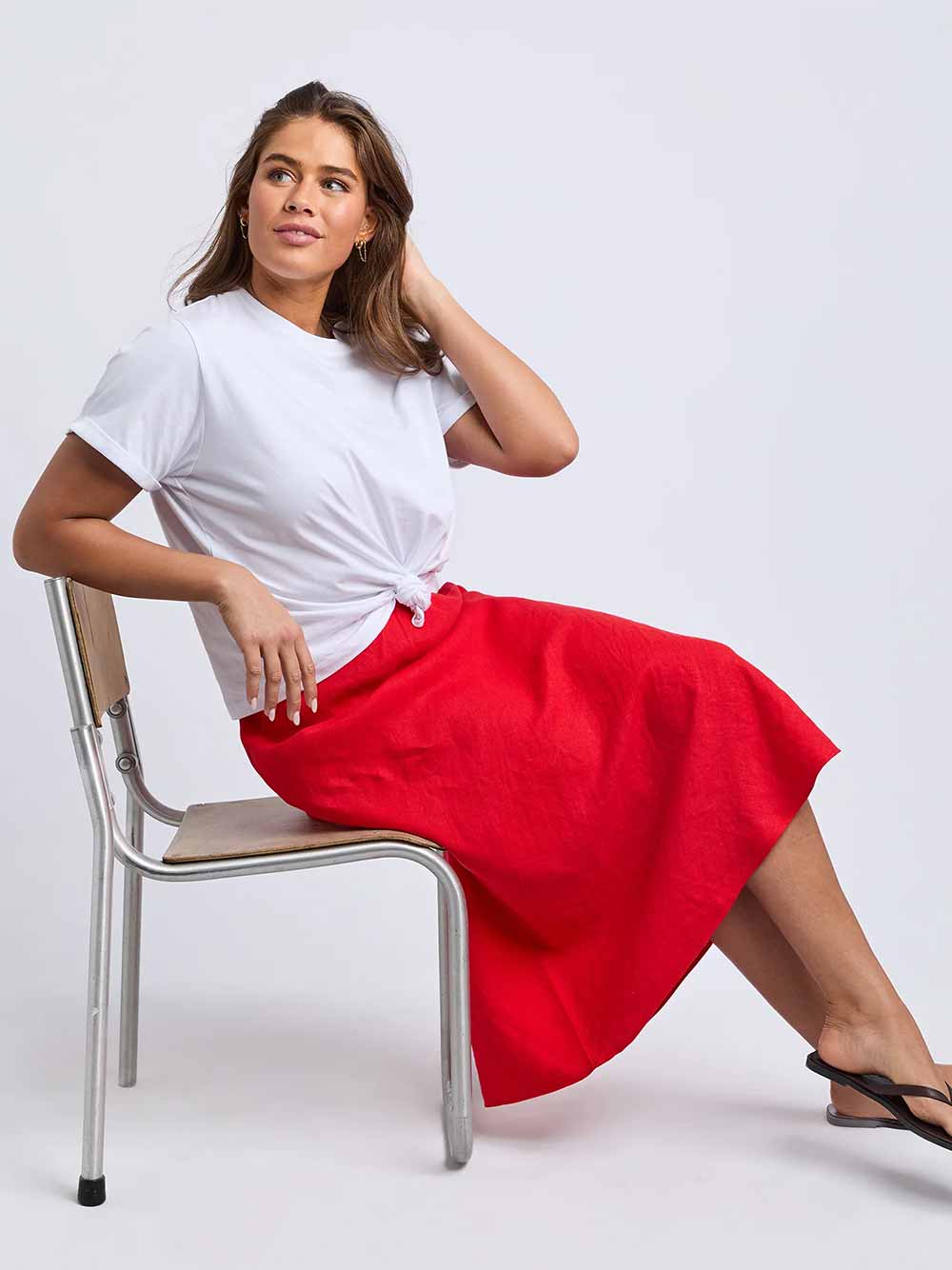 Eleni Linen Midi Skirt - RED