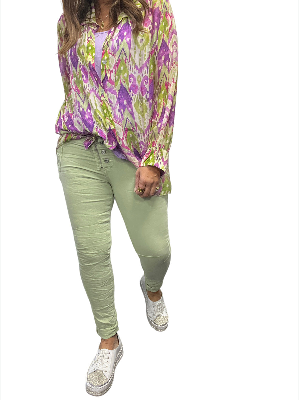 Portofino Button Zip Jeans - LIGHT FERN