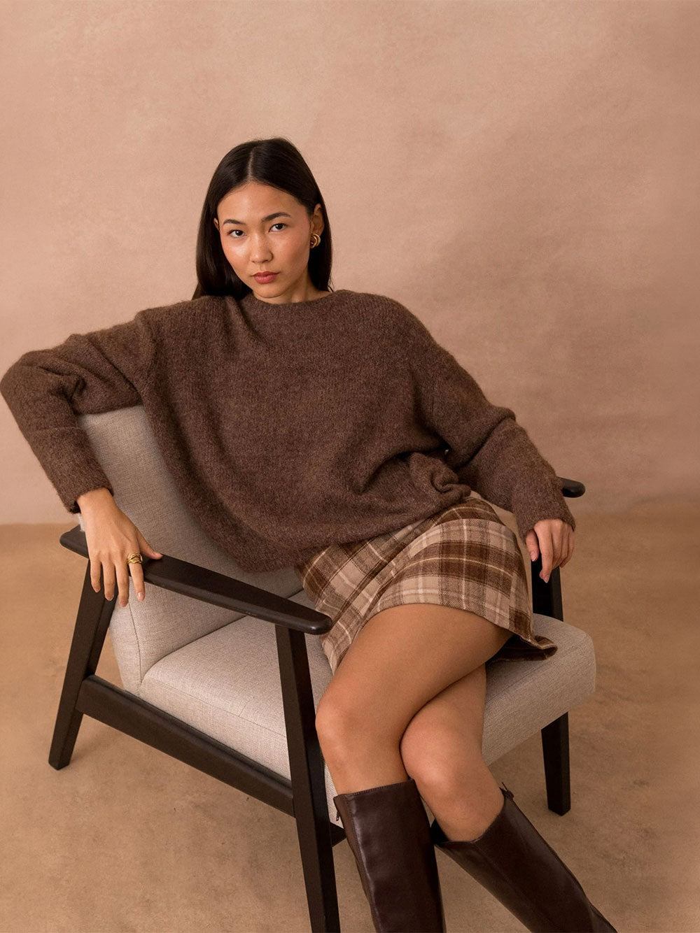 Jackie Crew Neck Knit Sweater - NOISETTE