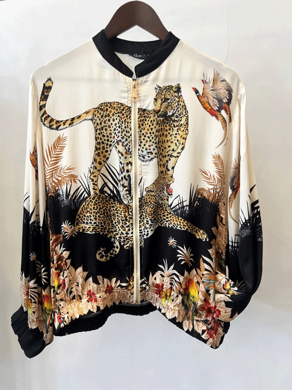 Silk Blend Leopard Bomber - BLACK/CREAM