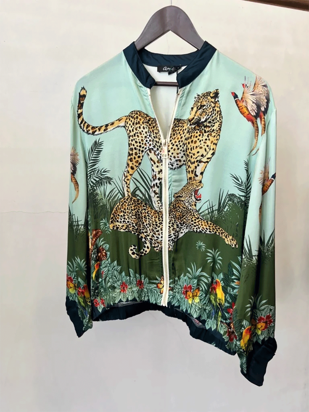 Silk Blend Leopard Bomber - GREEN