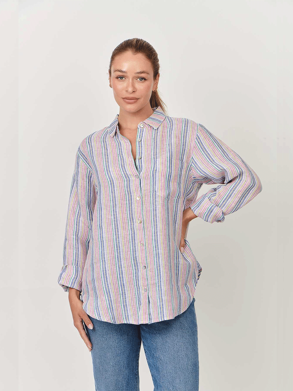 Linen Boyfriend Shirt - RAINBOW STRIPE