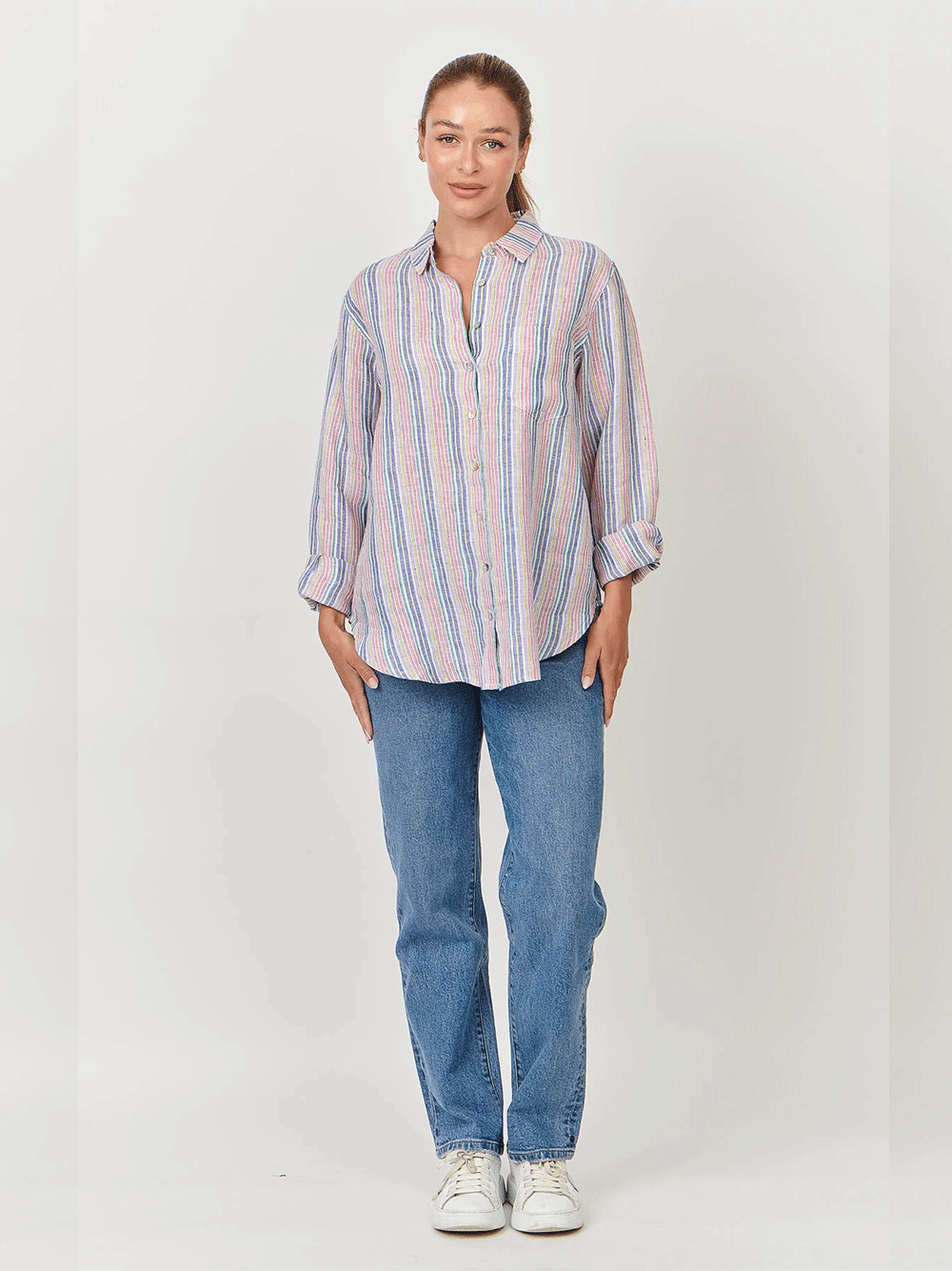 Linen Boyfriend Shirt - RAINBOW STRIPE