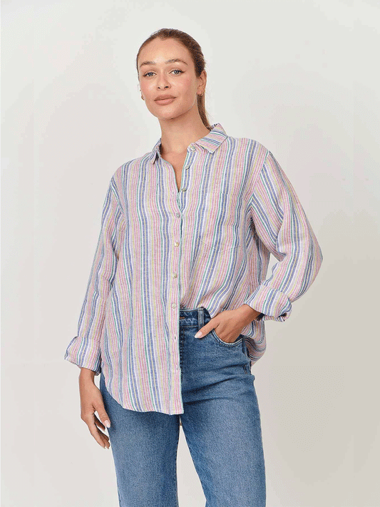 Linen Boyfriend Shirt - RAINBOW STRIPE