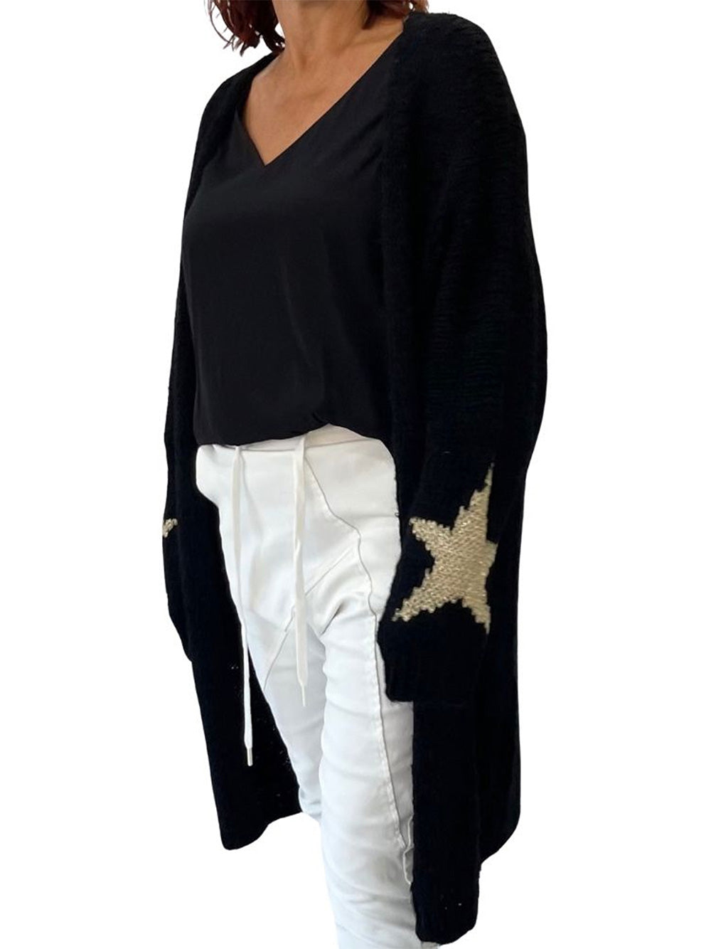 Long Star Knitted Cardigan - BLACK