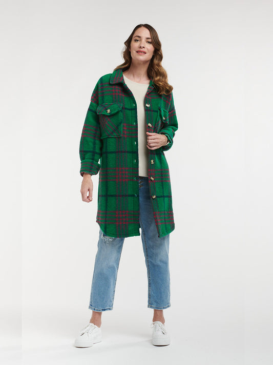 Plaid Long Jacket - EMERALD/BLUE/PINK
