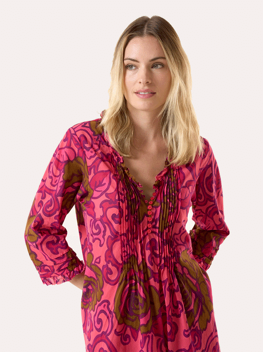 Long Poppy Cotton Dress - SAN SEBASTIAN HOT CORAL