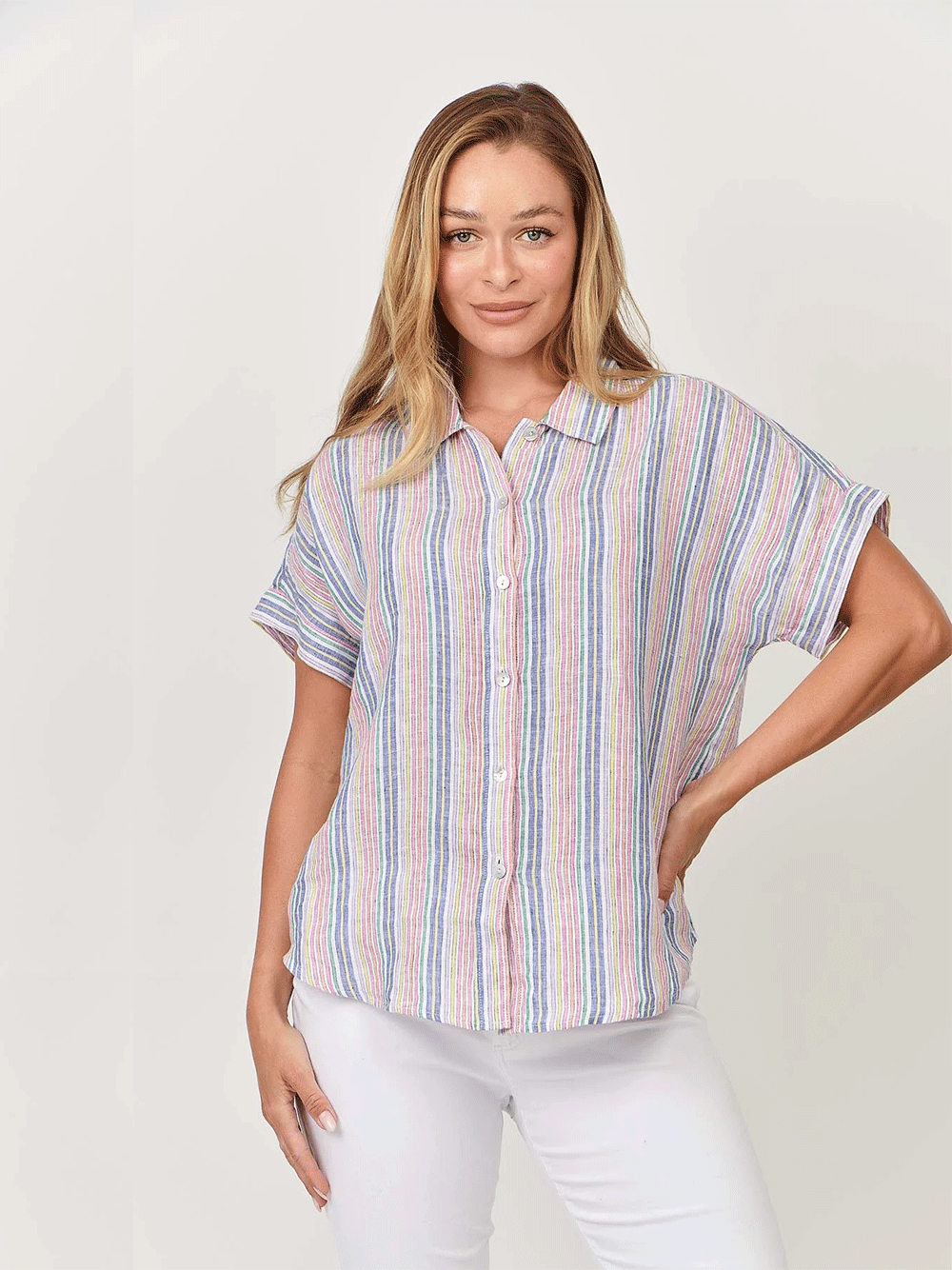 Linen Short Sleeve Shirt - RAINBOW STRIPE