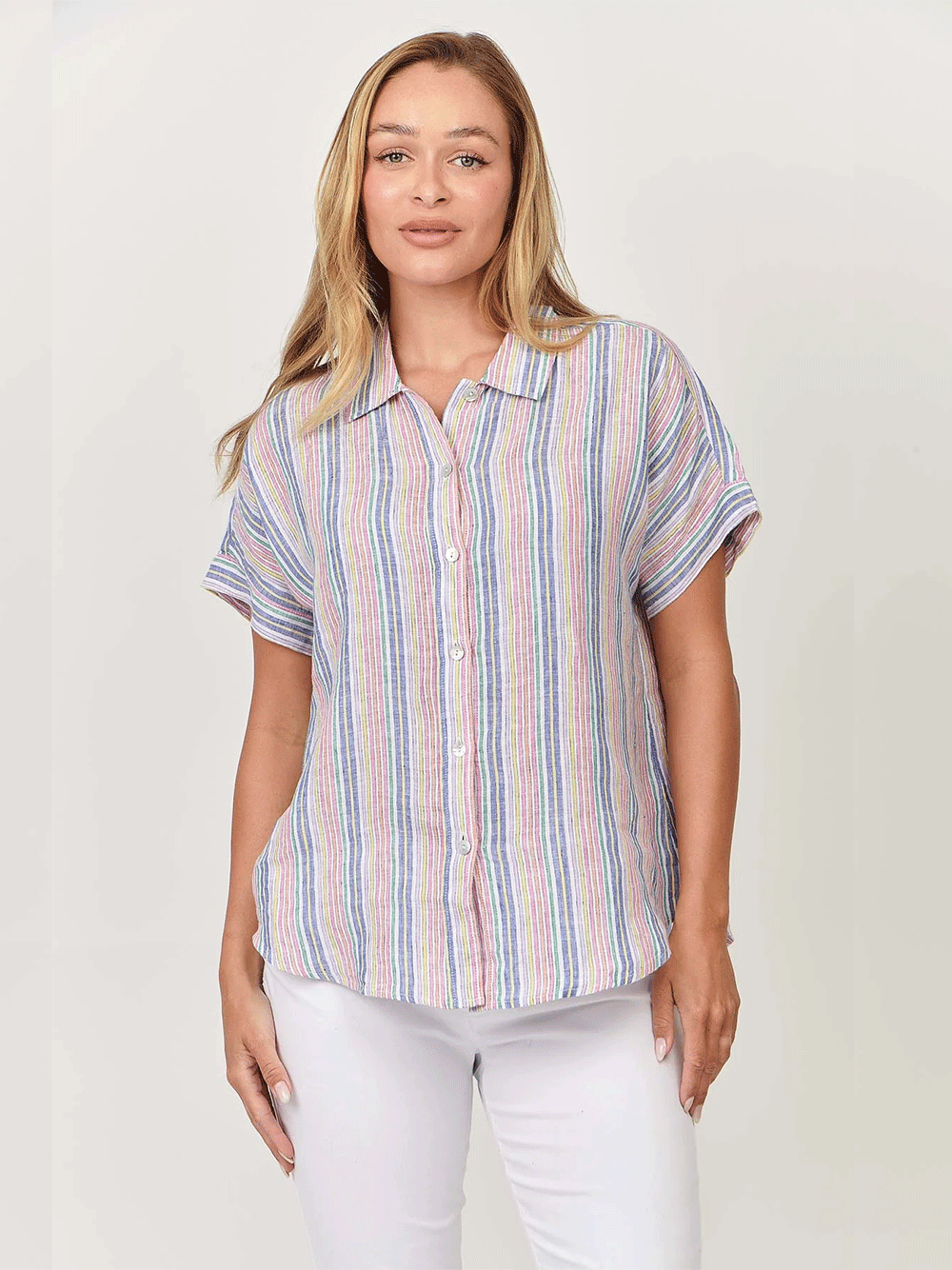 Linen Short Sleeve Shirt - RAINBOW STRIPE