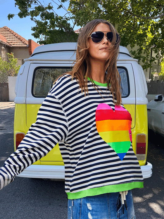 Stripe Heart Waffle Sweat - NAVY/WHITE