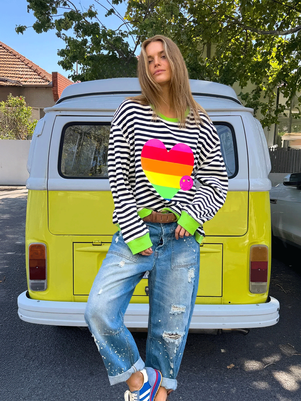 Stripe Heart Waffle Sweat - NAVY/WHITE