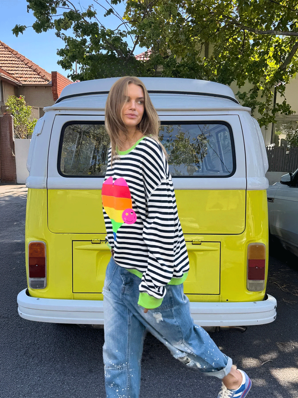 Stripe Heart Waffle Sweat - NAVY/WHITE
