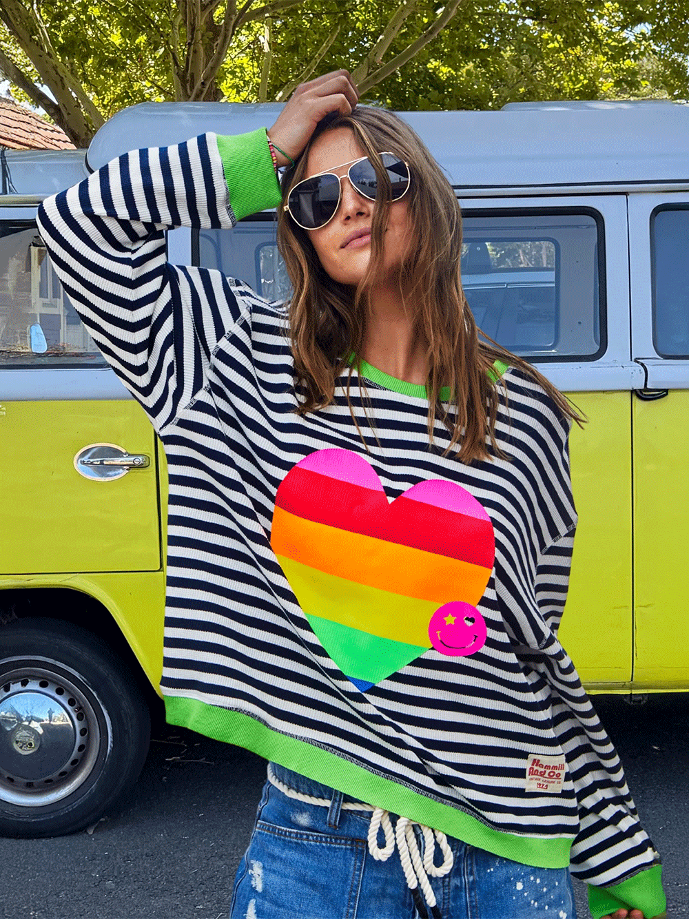 Stripe Heart Waffle Sweat - NAVY/WHITE