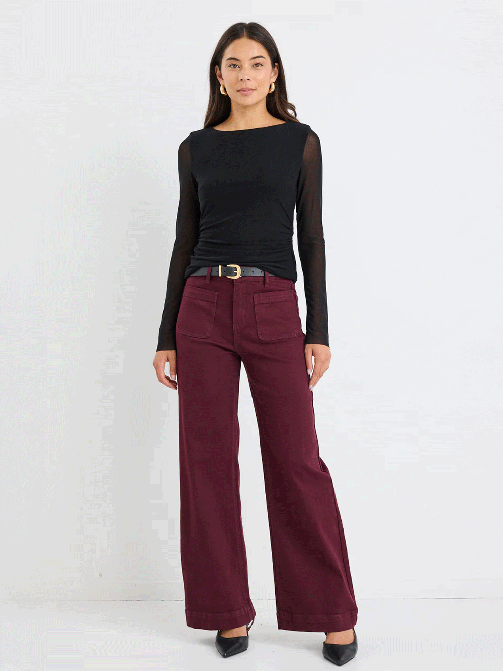 Zoey High Rise Wide Leg Pocket Jeans - BURGUNDY