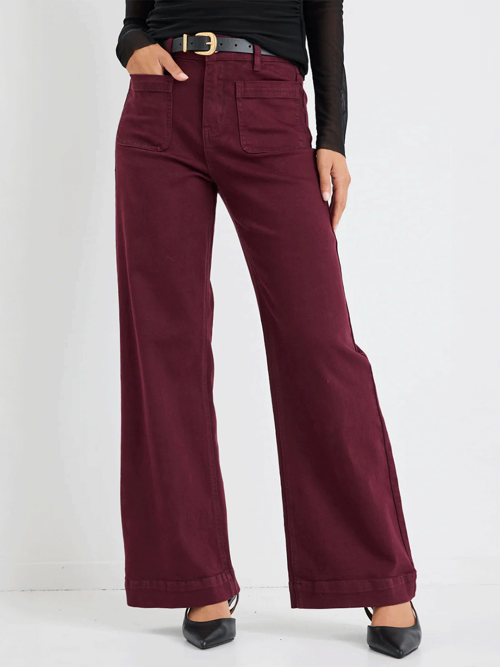 Zoey High Rise Wide Leg Pocket Jeans - BURGUNDY