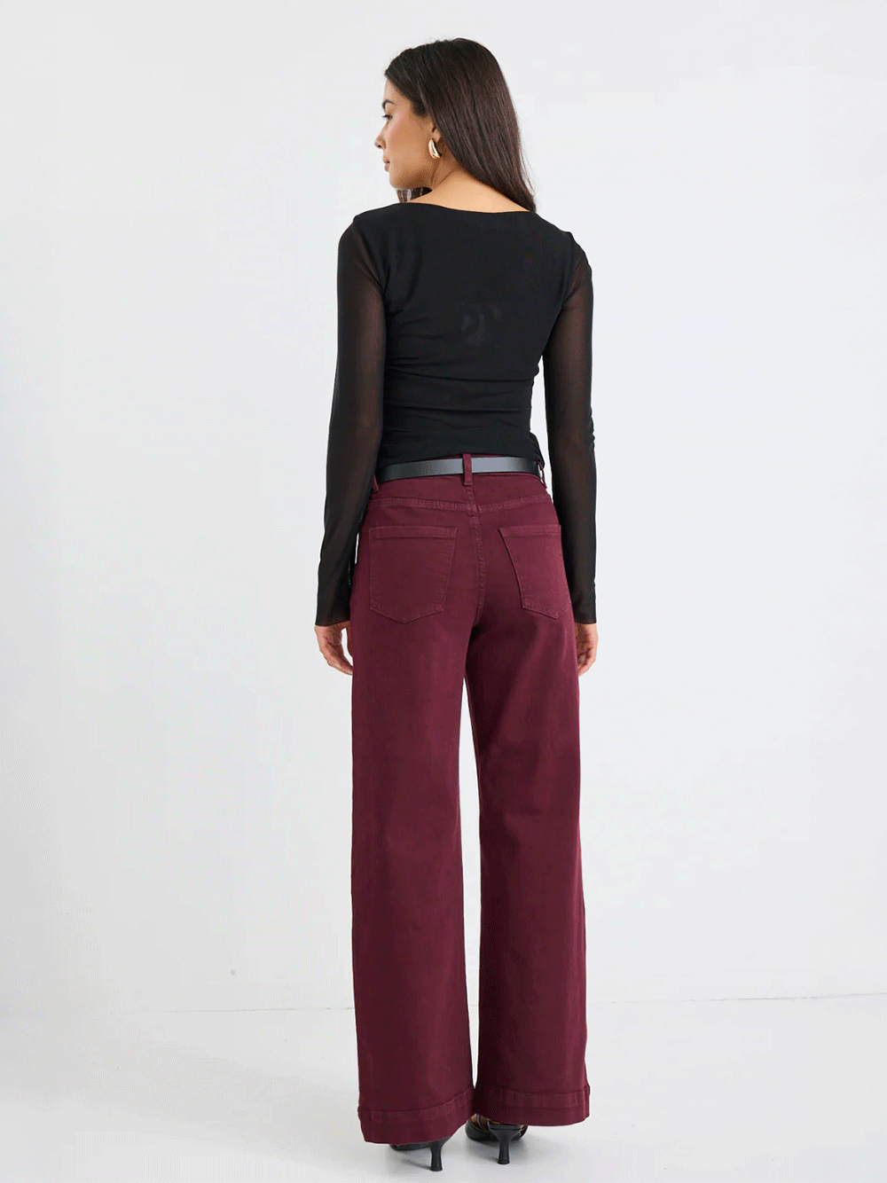 Zoey High Rise Wide Leg Pocket Jeans - BURGUNDY