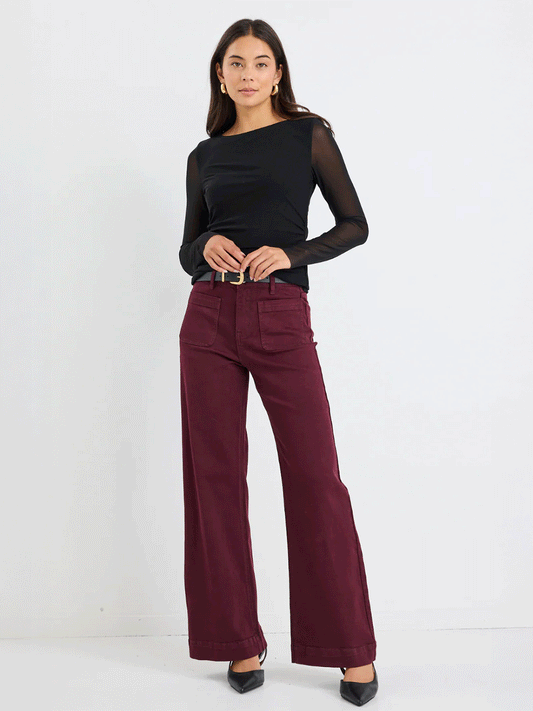 Zoey High Rise Wide Leg Pocket Jeans - BURGUNDY
