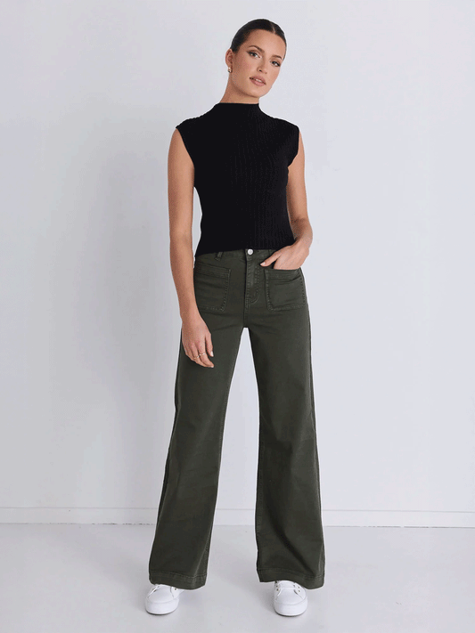 Zoey High Rise Wide Leg Pocket Jeans - DARK KHAKI