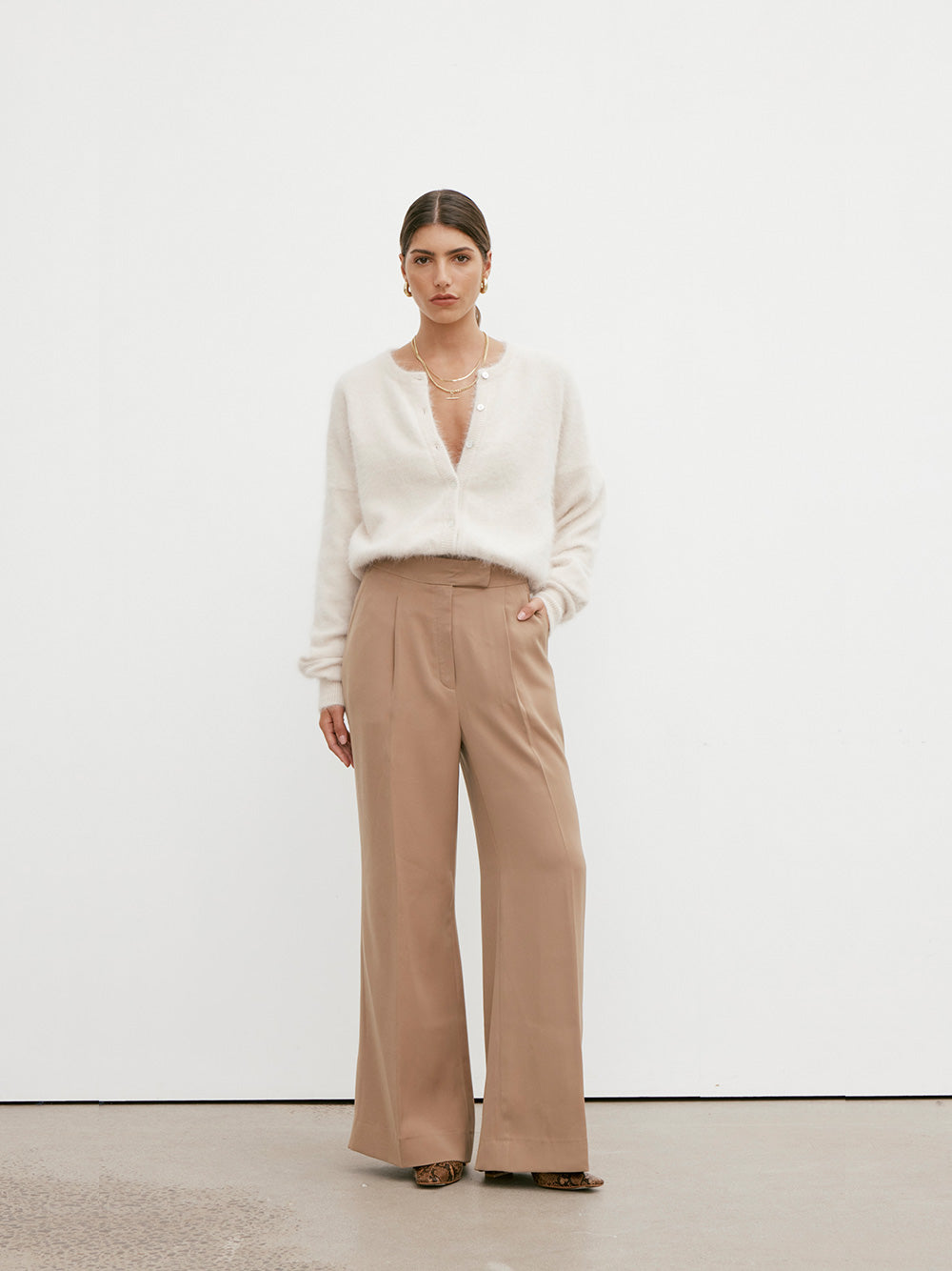 Frankie Cashmere Crew Neck Cardigan - OATMEAL