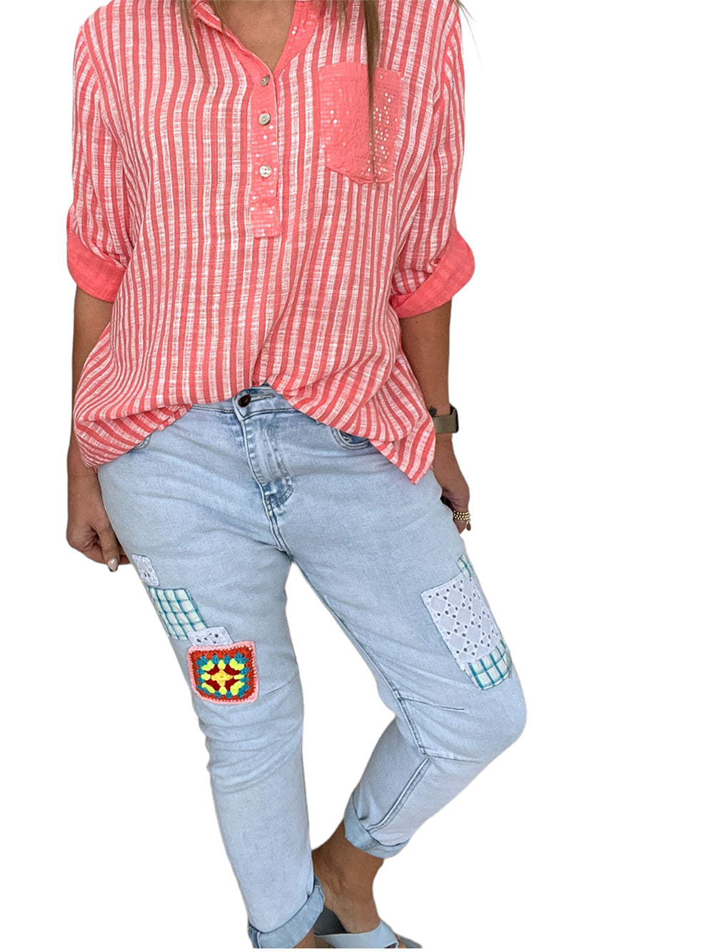 Liberato Stripe Sequin Pocket Shirt - CORAL