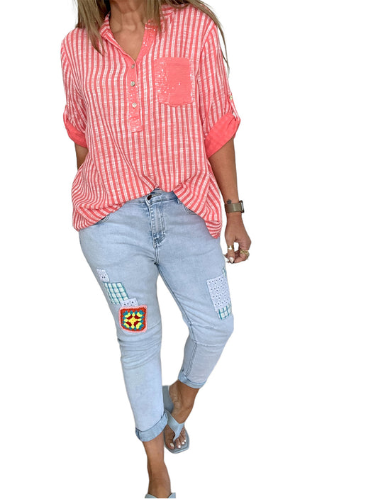 Liberato Stripe Sequin Pocket Shirt - CORAL