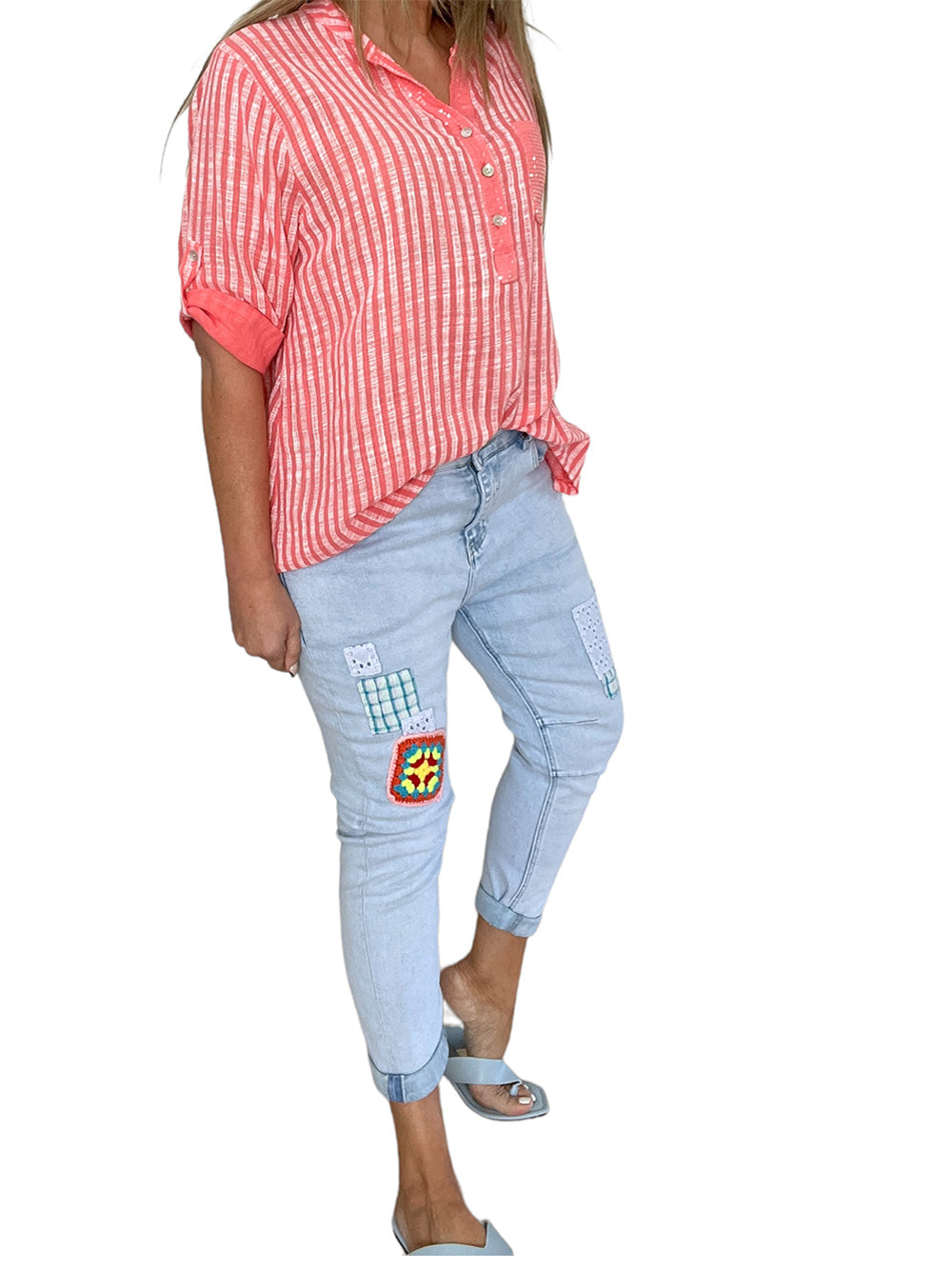 Liberato Stripe Sequin Pocket Shirt - CORAL