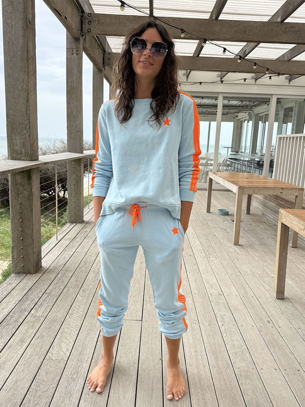 Arm Stripe Zip Sides Sweatshirt -BABY BLUE/BRIGHT ORANGE