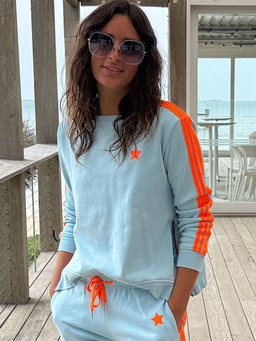Arm Stripe Zip Sides Sweatshirt -BABY BLUE/BRIGHT ORANGE