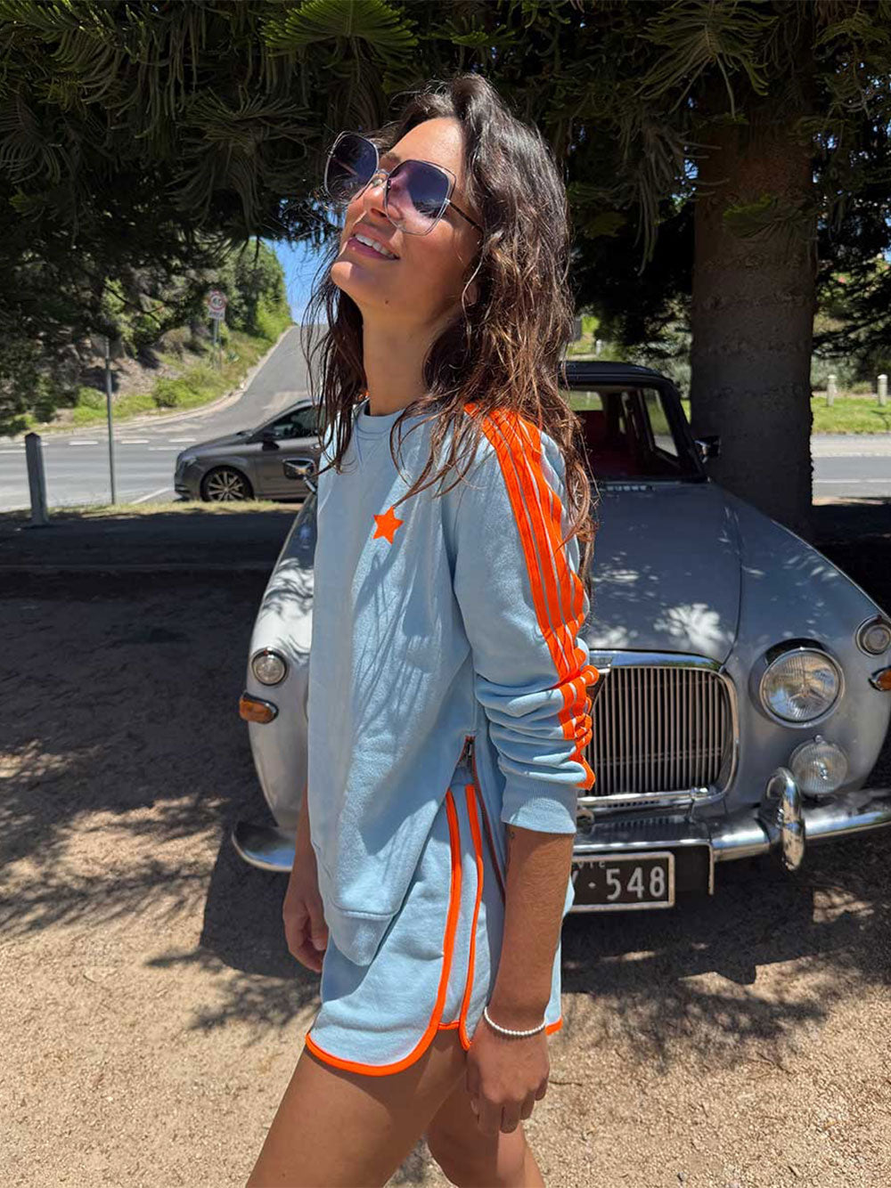 Arm Stripe Zip Sides Sweatshirt -BABY BLUE/BRIGHT ORANGE