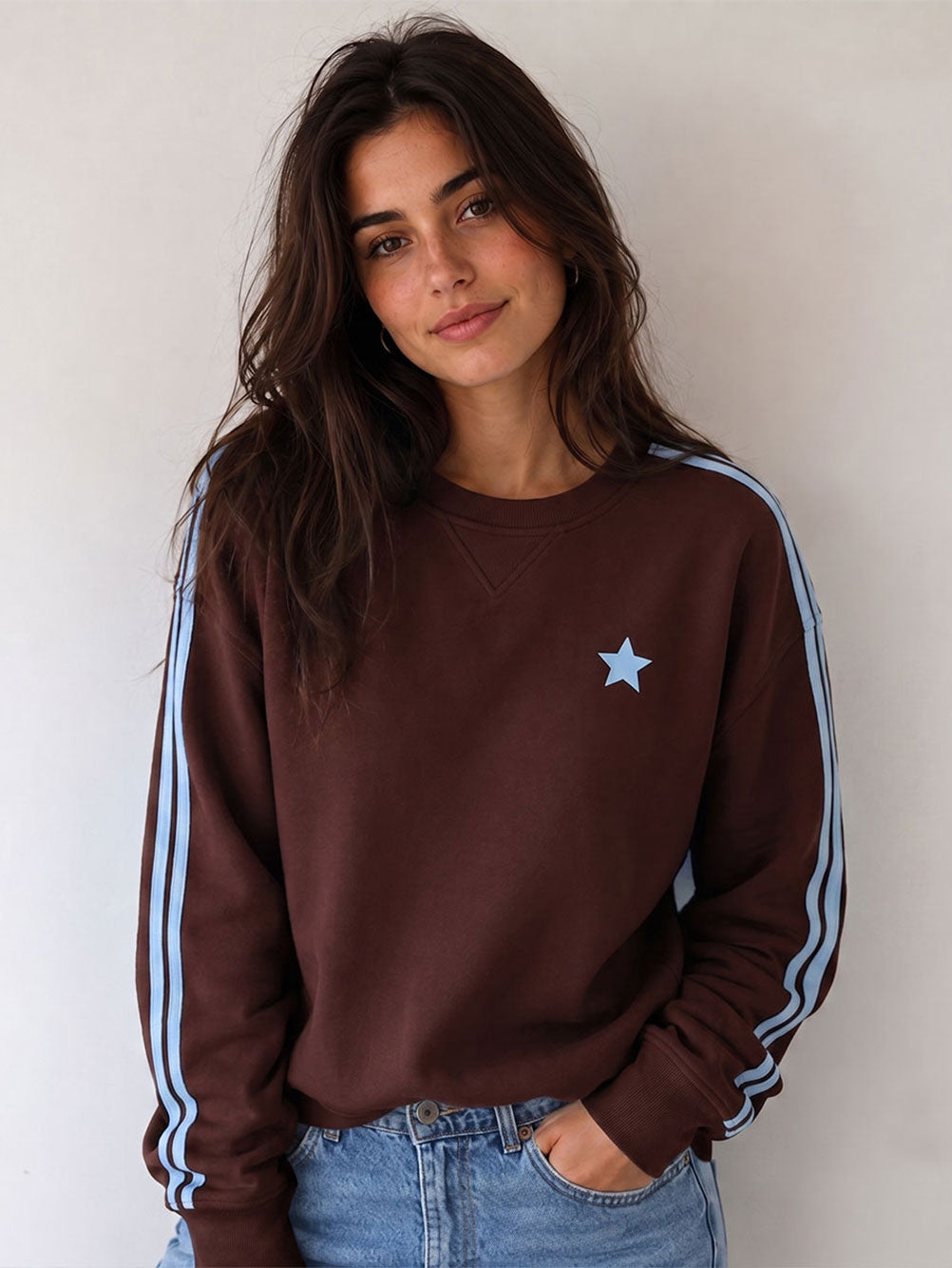Arm Stripe Zip Sides Sweatshirt - CHOC/BABY BLUE
