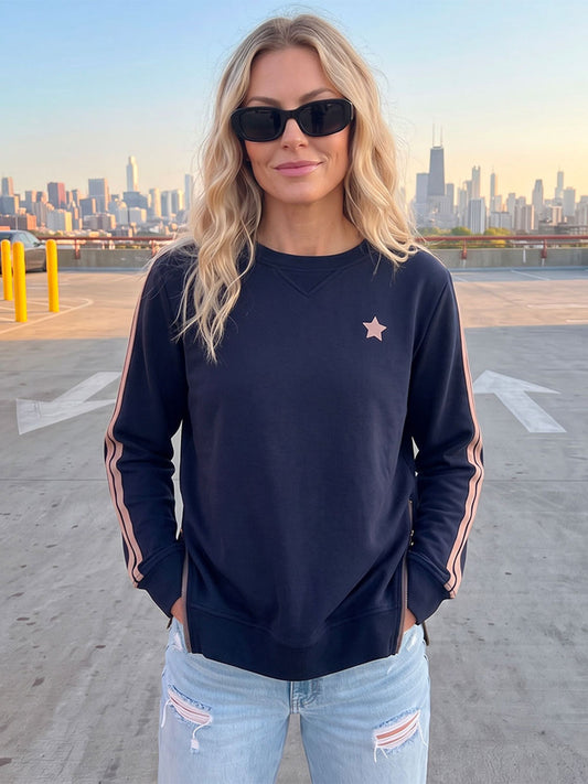 Arm Stripe Zip Sides Sweatshirt - NAVY/MOCHA