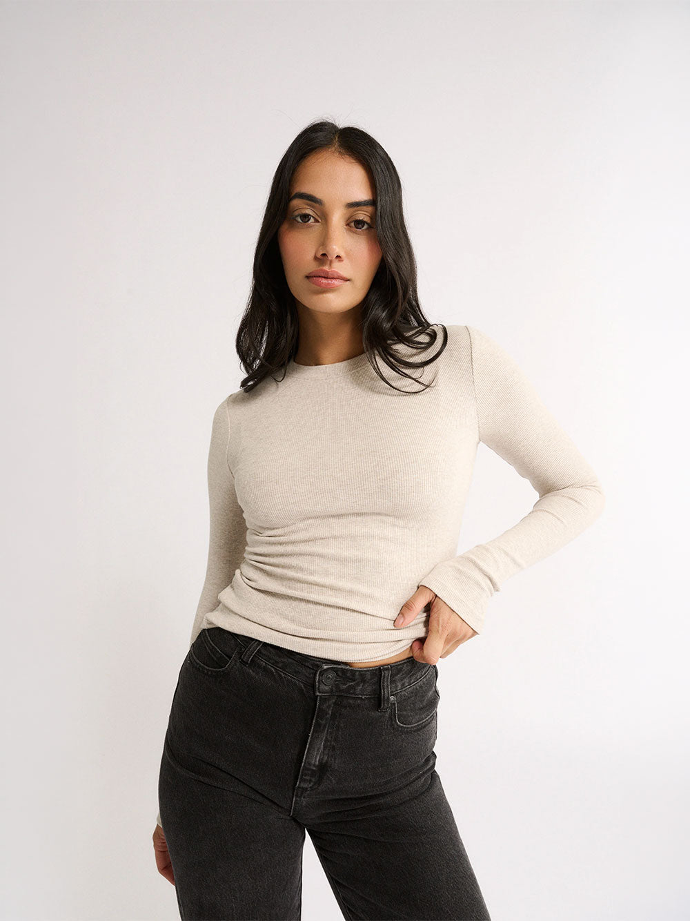 Carina Classic Long Sleeve Top - OATMEAL MARLE