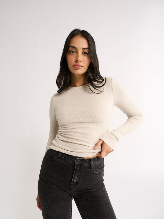 Carina Classic Long Sleeve Top - OATMEAL MARLE