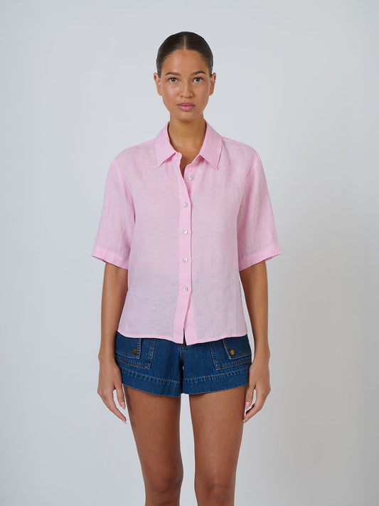 Linen Short Sleeve Shirt - BONBON PINK